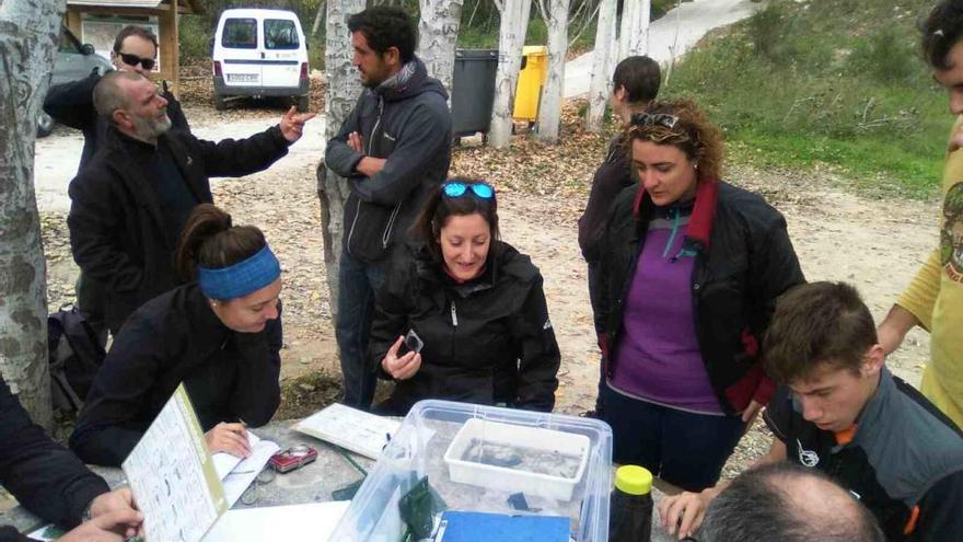 Los volunarios analizando las muestras recogidas del río