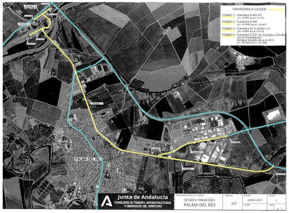 Plano de los tramos de la travesía de Palma del Río que pasan a ser de titularidad municipal.