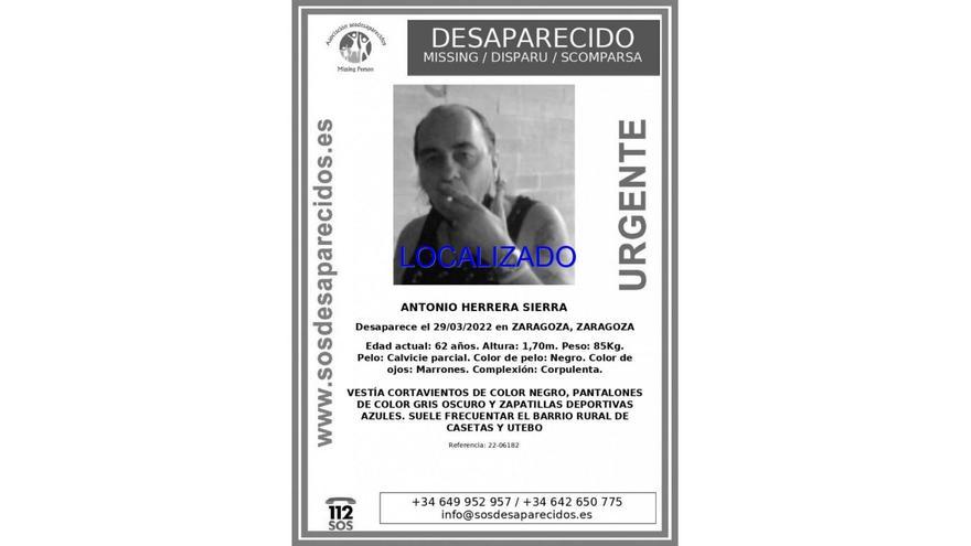 Localizado el hombre de 62 años desaparecido el viernes en Zaragoza