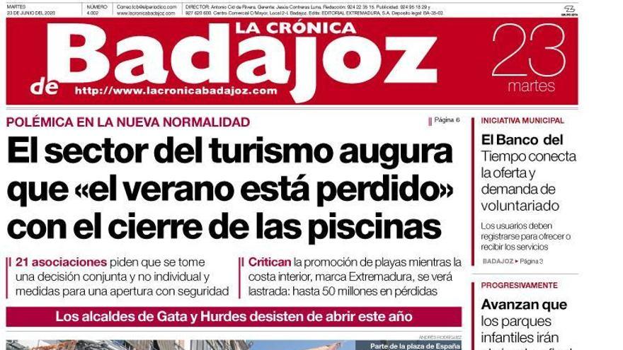 Esta es la portada de LA CRÓNICA DE BADAJOZ correspondiente al día 23 de junio del 2020