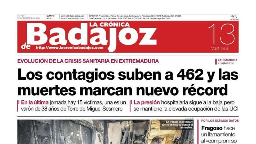 Esta es la portada de LA CRÓNICA DE BADAJOZ correspondiente al día 13 de noviembre del 2020