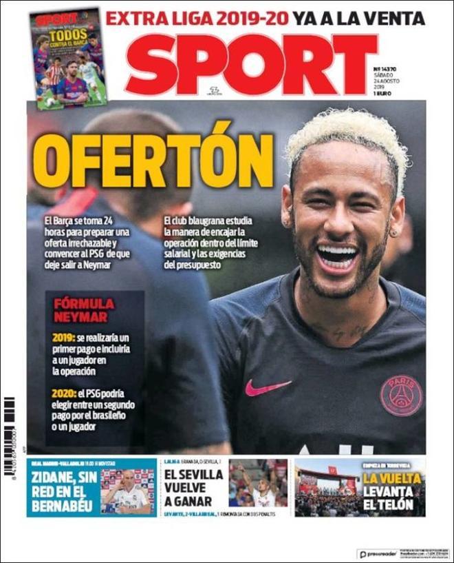 Portada de SPORT, del sábado, 24 de agosto de 2019