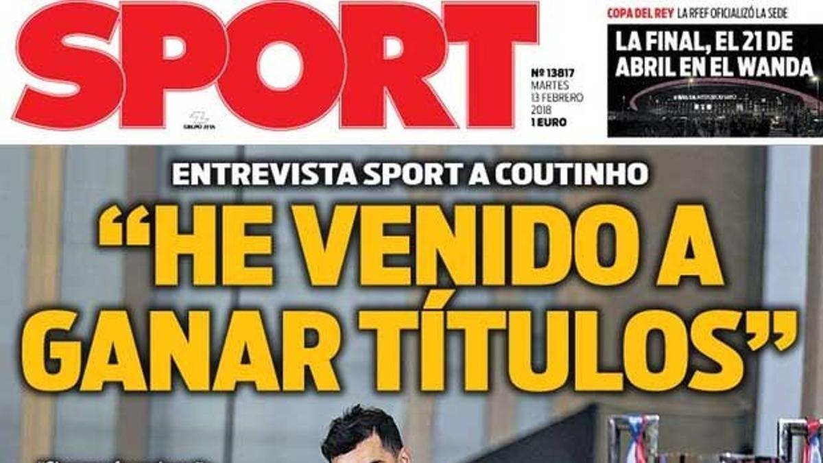 Esta es la portada de SPORT  del martes 13 de febrero de 2018