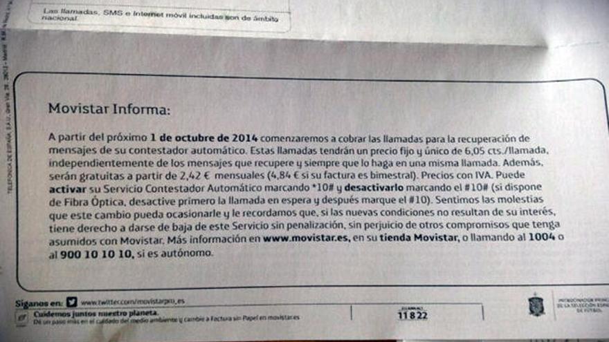 Imagen del mensaje que Movistar adjunta en sus facturas // FACUA