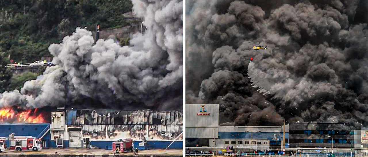 A la izquierda el incendio que devoró la nave de Fandicosta en 2016, a la derecha el incendio de Jealsa en Boiro, ayer