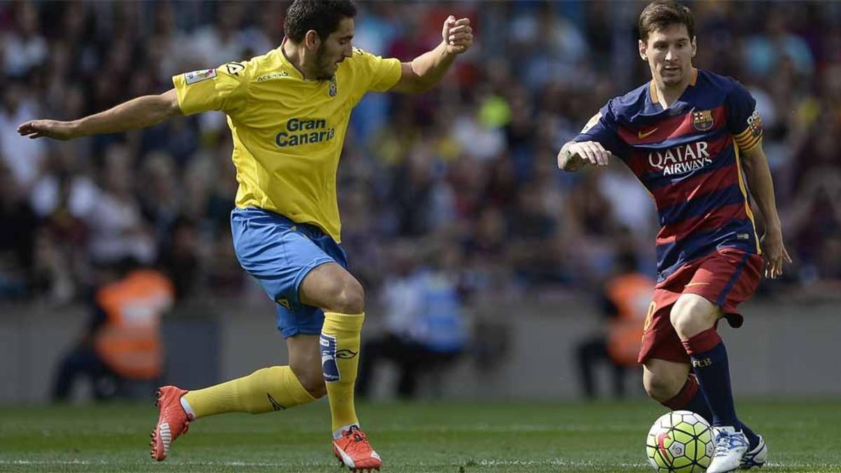 Leo Messi en una acción del último FC Barcelona - UD Las Palmas (2-1) del 26 de septiembre de 2015, en el que cayó lesionado a los 10 minutos...