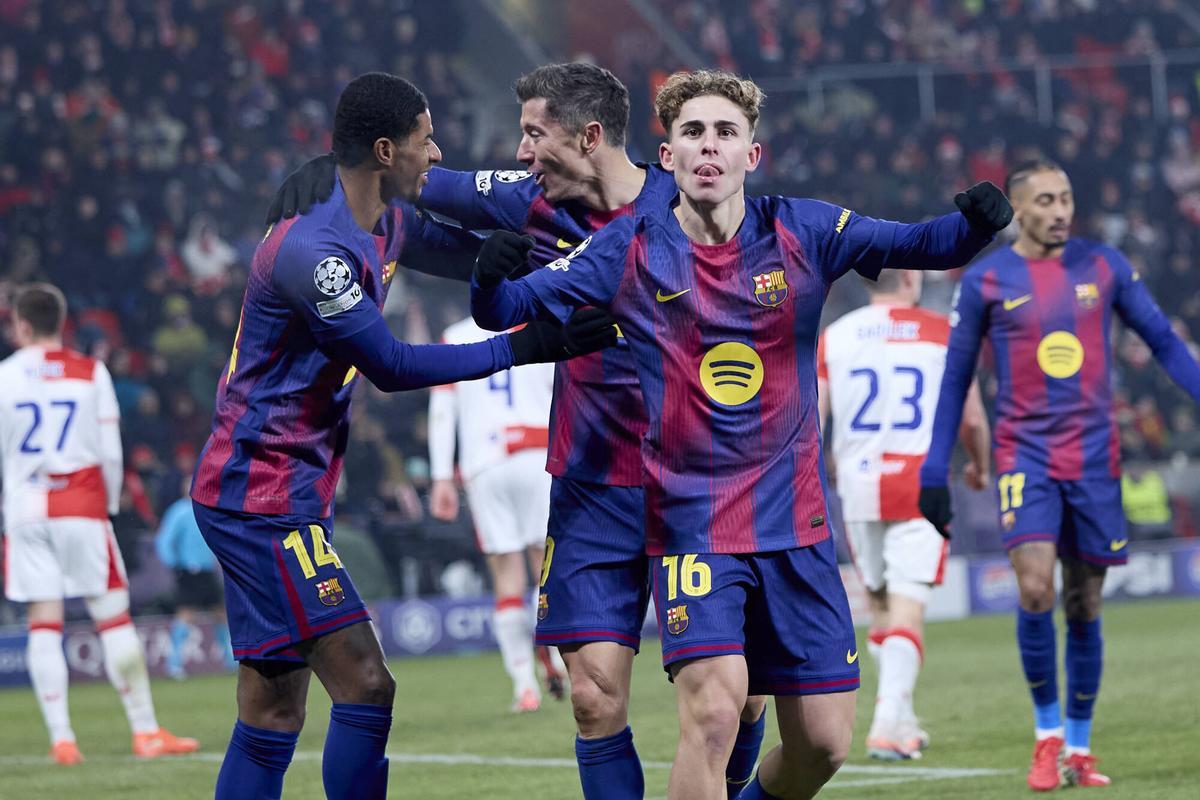 Fermín celebra uno de sus dos goles en el partido de Champions contra el Slavia de Praga