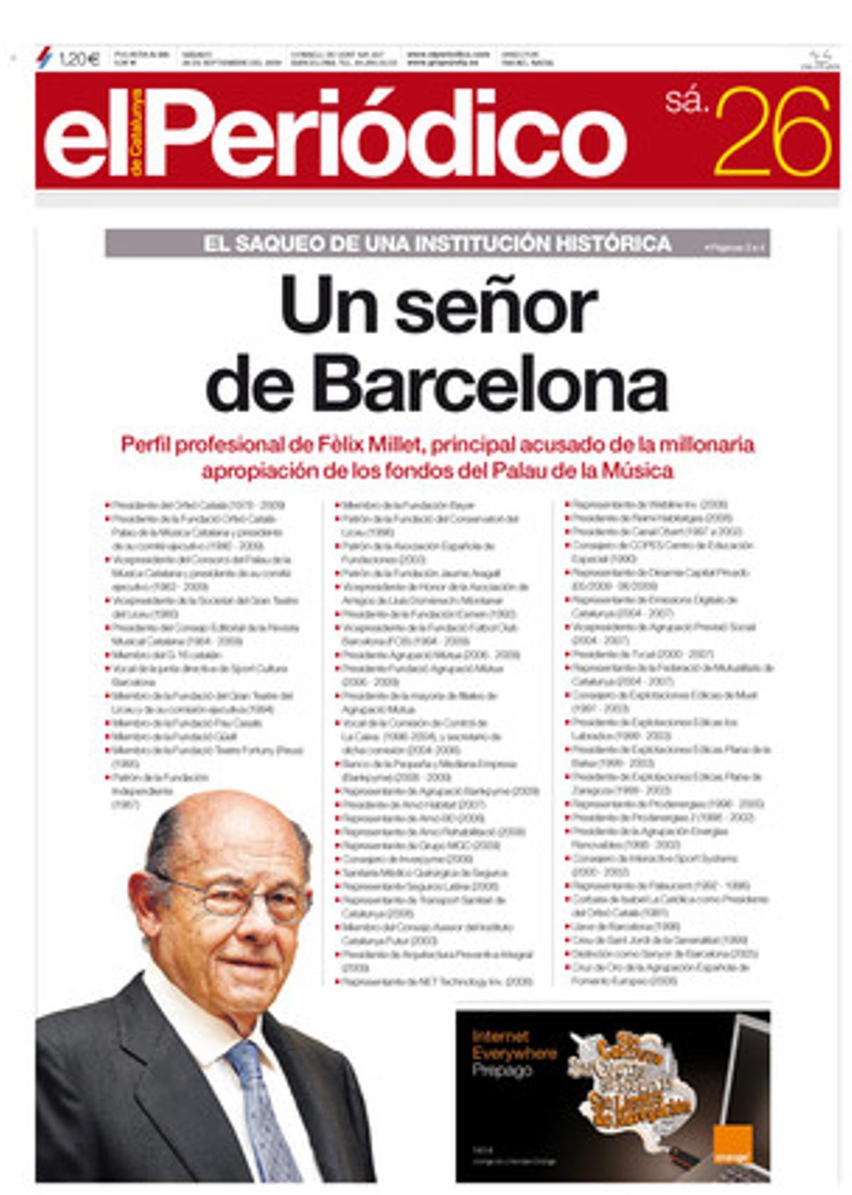 Fèlix Millet, un señor de Barcelona. Portada publicada el 26 de septiembre del 2009.