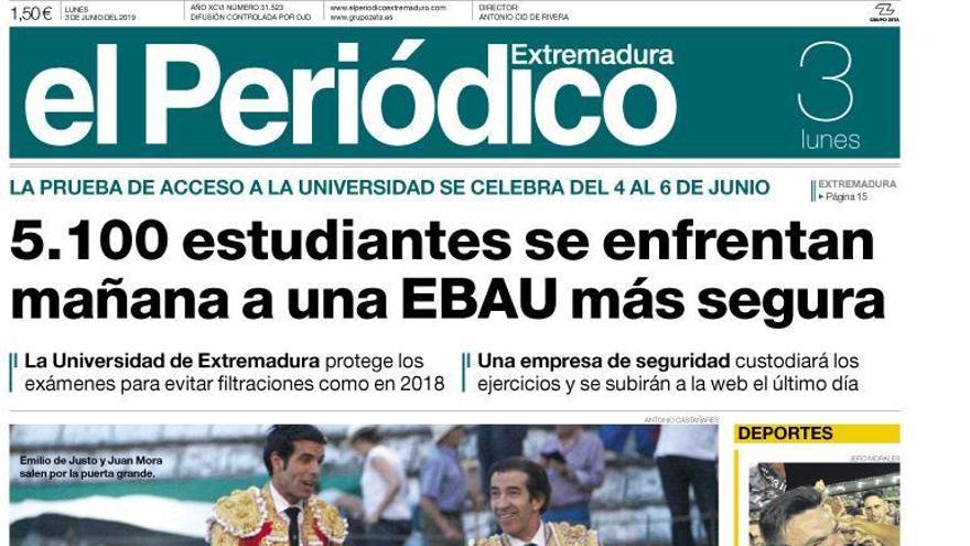 Esta es la portada de EL PERIÓDICO EXTREMADURA correspondiente al día 3 de junio del 2019