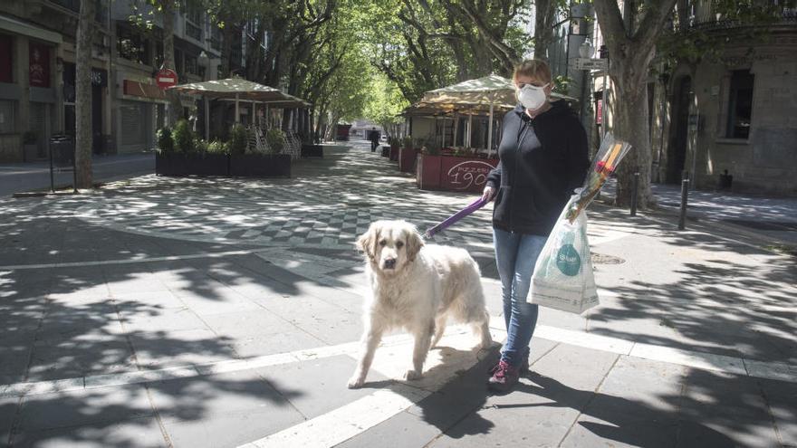 Una dona amb el seu gos, creuant un Passeig de Manresa buit