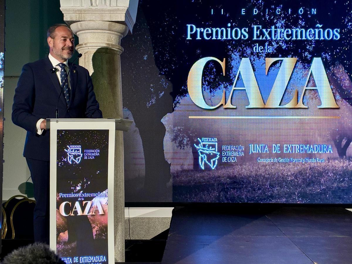 Francisco Ramírez durante su intervención en los Premios Extremeños de la Caza