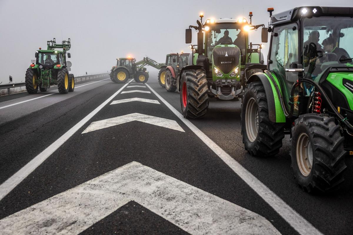 Agricultores catalanes bloquean la A-2 a la altura de Fondarella (Pla dUrgell) con sus tractores durante las protestas para pedir mejores condiciones para el sector