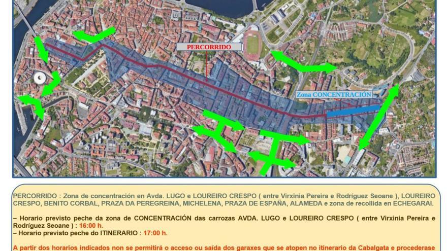 Mapa con las restrcciones de circulación en Pontevedra por la cabalgata de reyes de este viernes. |   // FDV