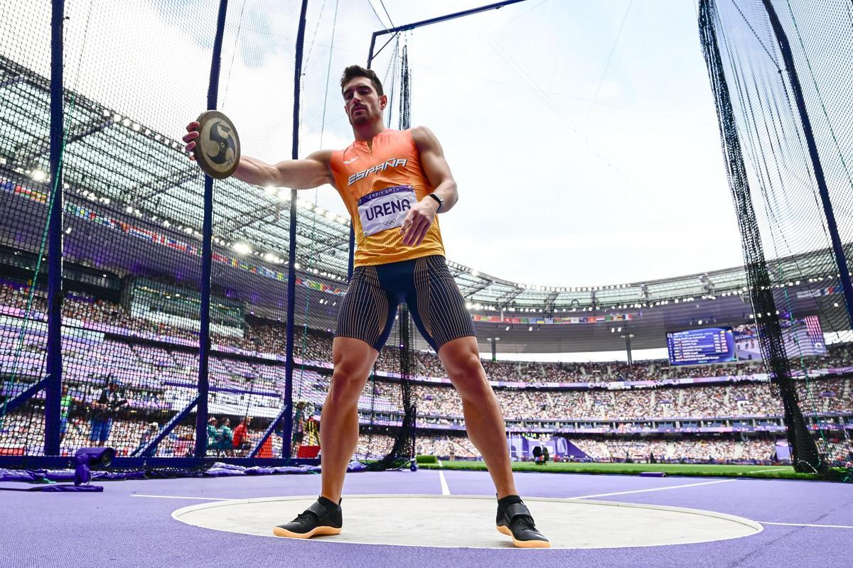 Jorge Ureña compite en la prueba de disco durante la competición en Decathlon de los Juegos olímpicos París 2024.