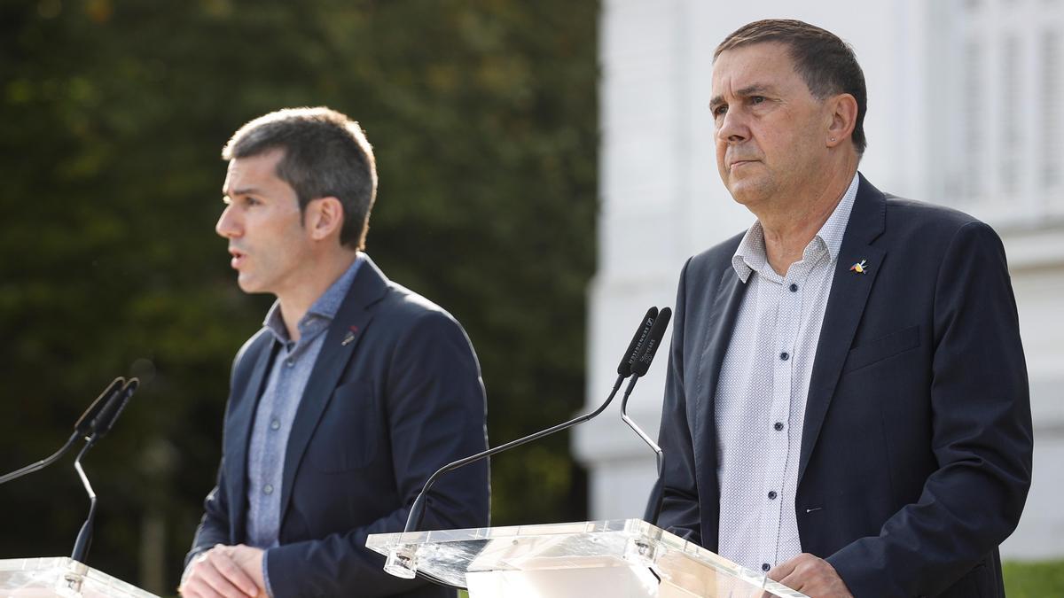 El coordinador general de EH Bildu, Arnaldo Otegi (d), y el secretario general de Sortu, Arkaitz Rodríguez.