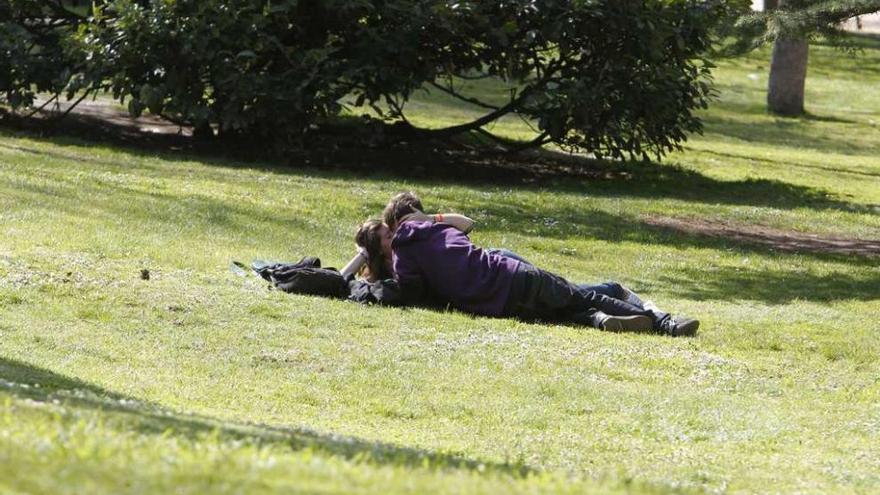 Una pareja se besa en un parque.