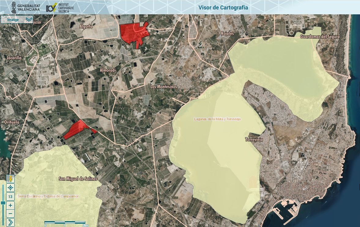 En rojo la ubicación de la planta, ya con la superficie reducida tras el proceso de información pública. En amarillo las zonas protegidas ambientalmente de Sierra Escalona y parque natural de las lagunas