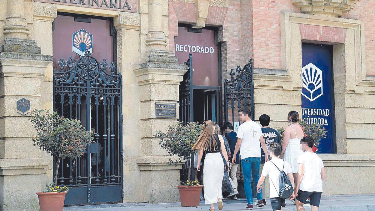 Unos alumnos se dirigen hacia la entrada del Rectorado de la Universidad de Córdoba.