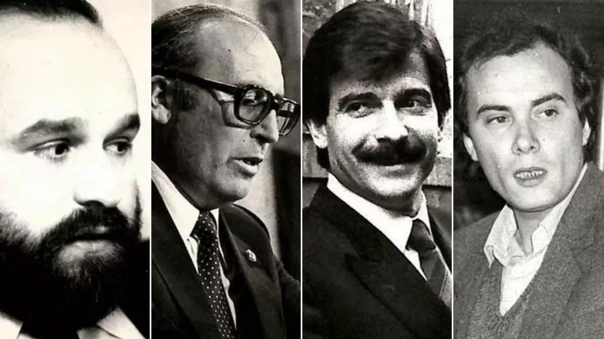 Por la izquierda, Emilio García Pumarino (UCD), Adolfo Barthe Aza (UCD), Gerardo Iglesias (PCA) y Jesús Sanjurjo (PSOE)