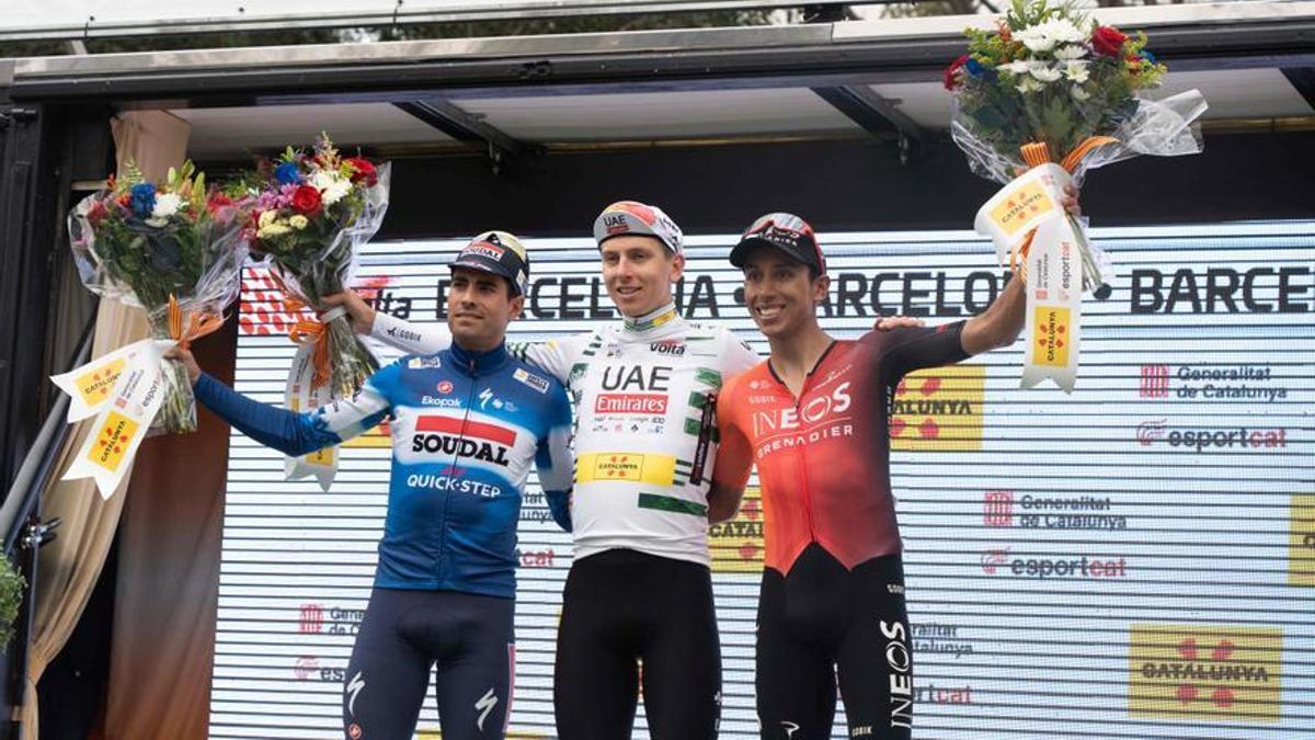 El podi de la 103a edició de la Volta a Catalunya 2024 amb Tadej Pogacar, Mikel Landa i Egan Bernal