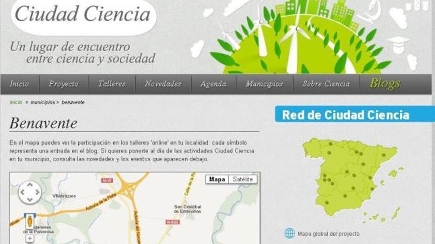 Web de Ciudad Ciencia, plataforma virtual alrededor de la que gira este proyecto nacional. Sobre estas líneas, el mapa con las localidades de la red.