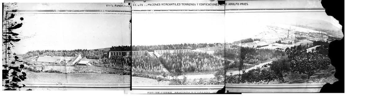 Vista panorámica de los almacenes mercantiles, terrenos y edificaciones de Adolfo Pries, hacia 1880.