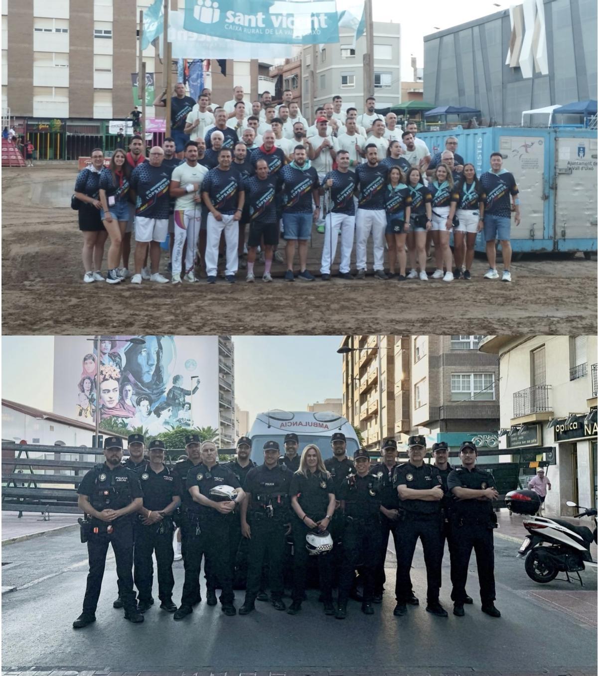Equipo de voluntarios taurinos de la organización y efectivos de la Policía Local movilizados durante el encierro.