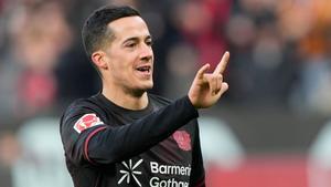 Lucas Vazquez celebra su primer gol con la camiseta del Bayer Leverkusen