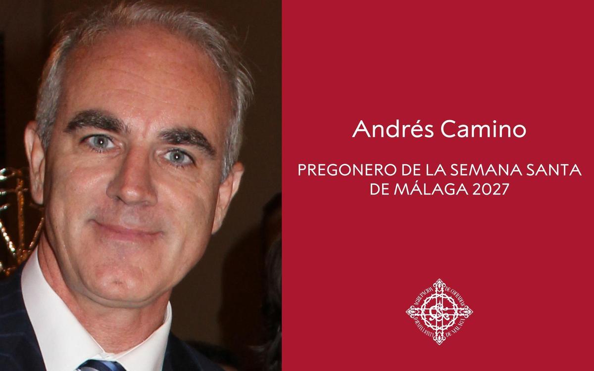 Cartel que anuncia a Andrés Camino como pregonero de la Semana Santa de Málaga.