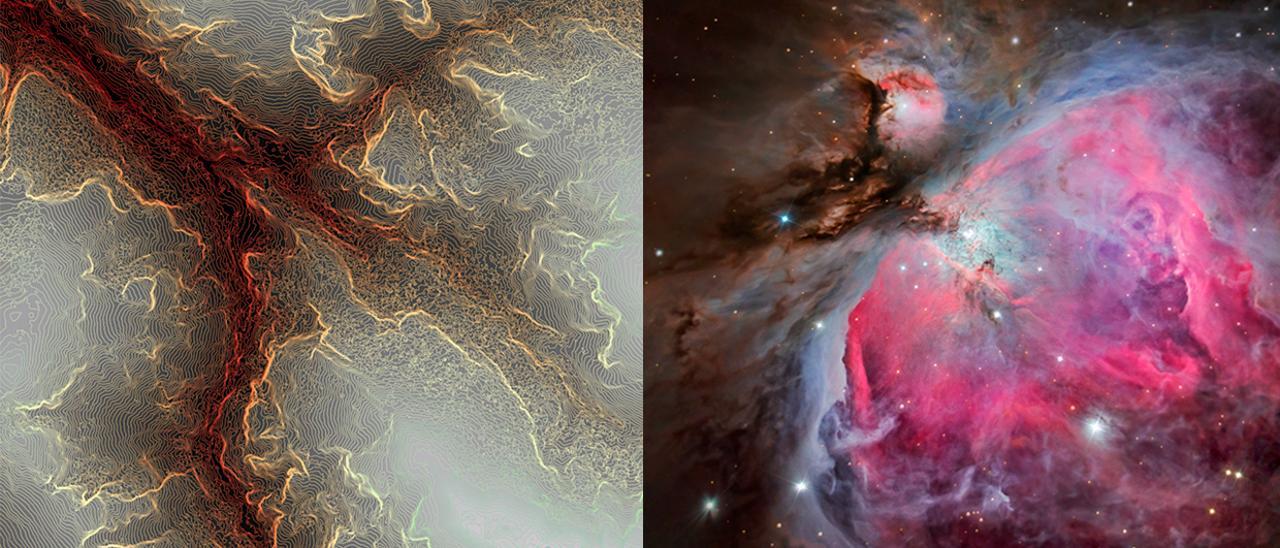 Las dos imágenes galardonadas: Mapa de isohipsas de una parte del macizo del Cornión, en los Picos de Europa; y nebulosa de Orión.