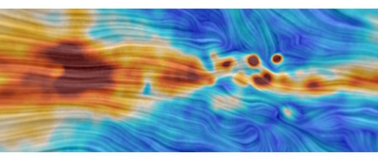 En color se muestra la emisión polarizada de microondas medida por Quijote. El patrón de trazos superpuestos indica la dirección de las líneas de campo magnético