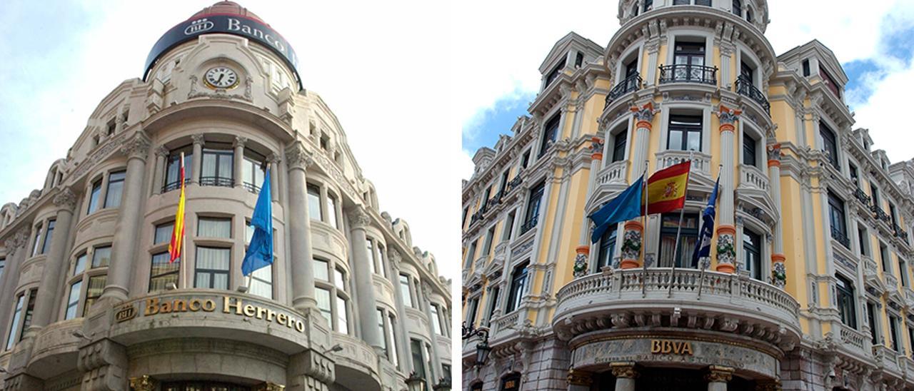 A la izquierda, la sede del Sabadell-Herrero en la calle Fruela. A la derecha, el edificio principal del BBVA en las calles San Francisco y Mendizábal, en la capital asturiana.