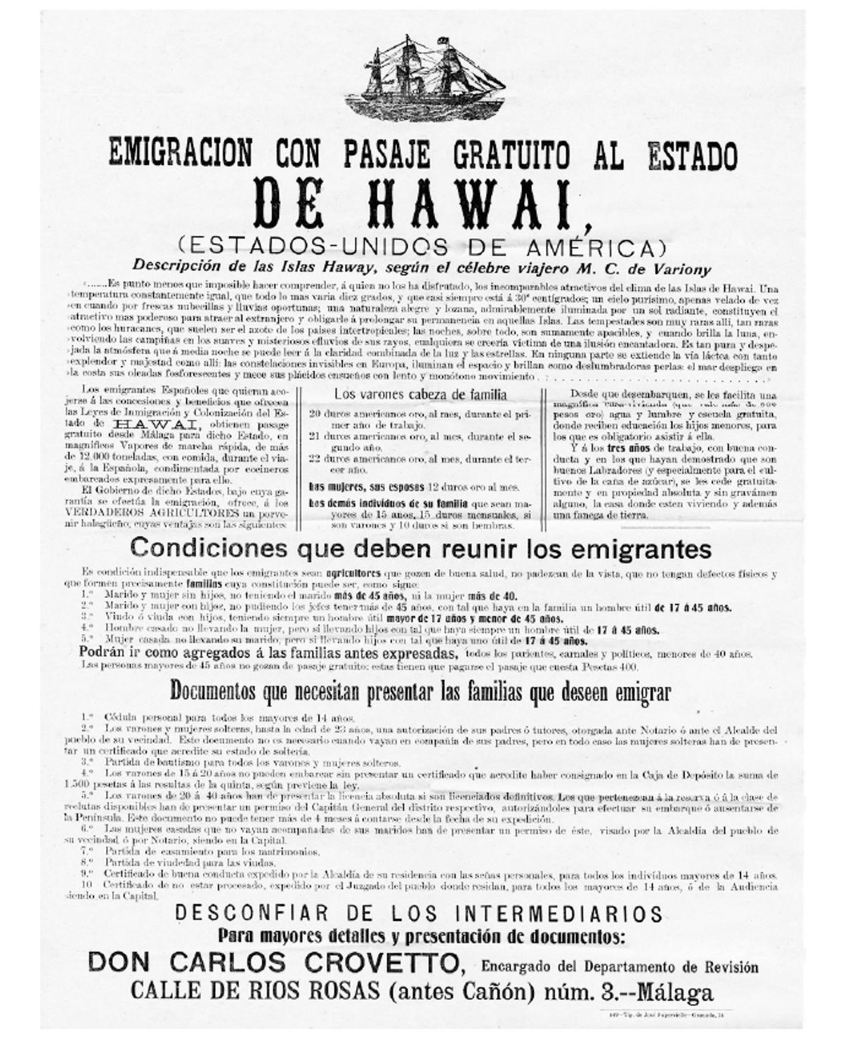 Publicidad para emigrar a Hawái desde Andalucía, a comienzos del siglo XX.