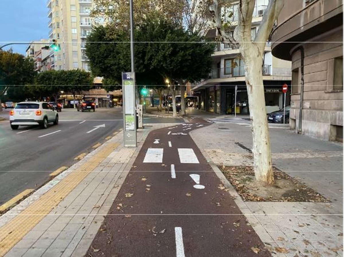 Un carril bici junto a una parada de la EMT en la plaza Fortí.