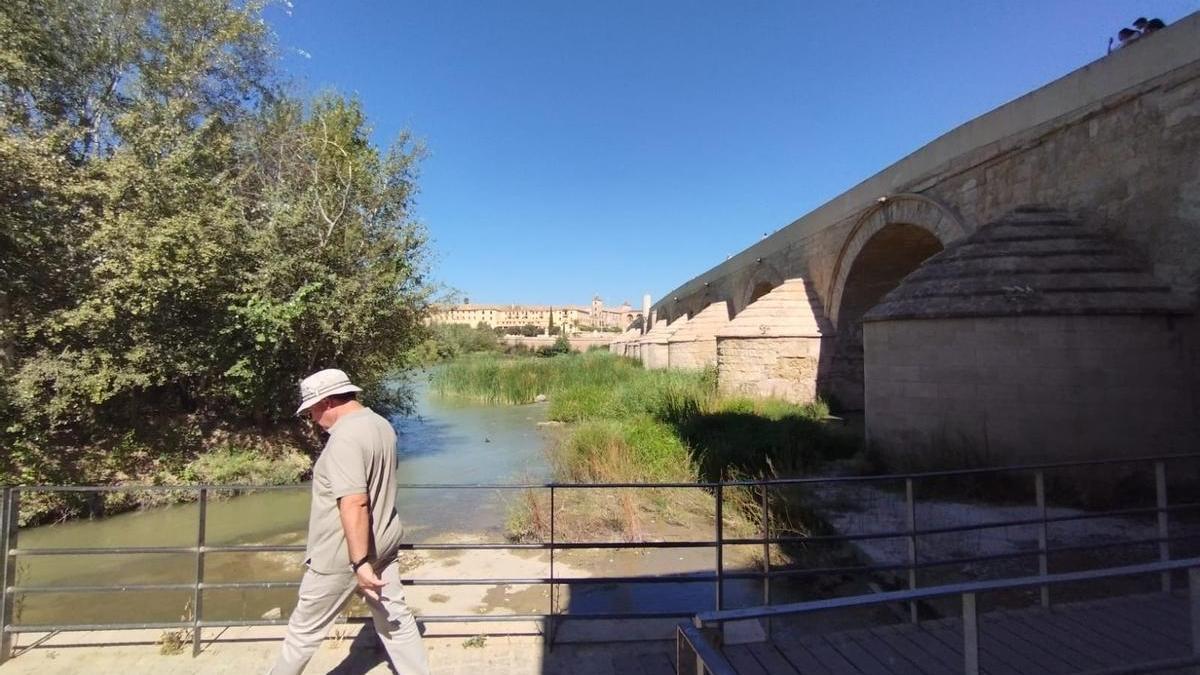 Un hombre pasea junto al río y el Puente Romano de Córdoba en un día soleado.