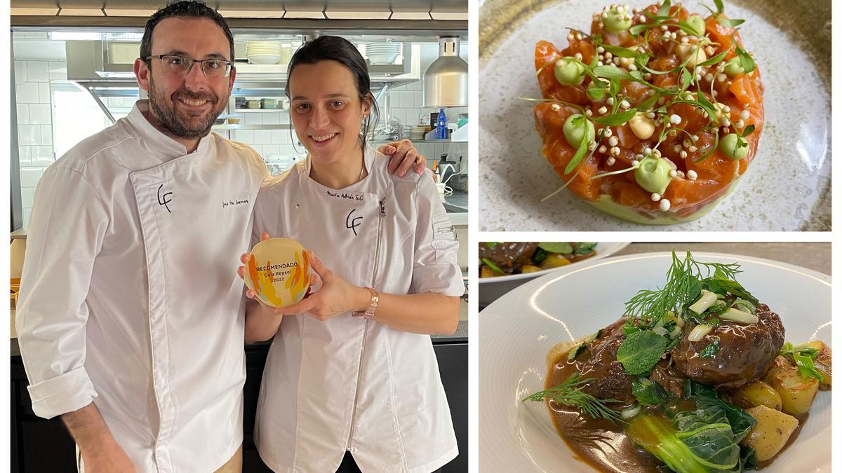 José Antonio y María, la pareja que se esconde tras el éxito de La Farola. En la derecha, dos de sus últimos platos: Tartar de salmón con crema de aguacate y cilantro; y curry japonés de carrilleras. Para chuparse los dedos...