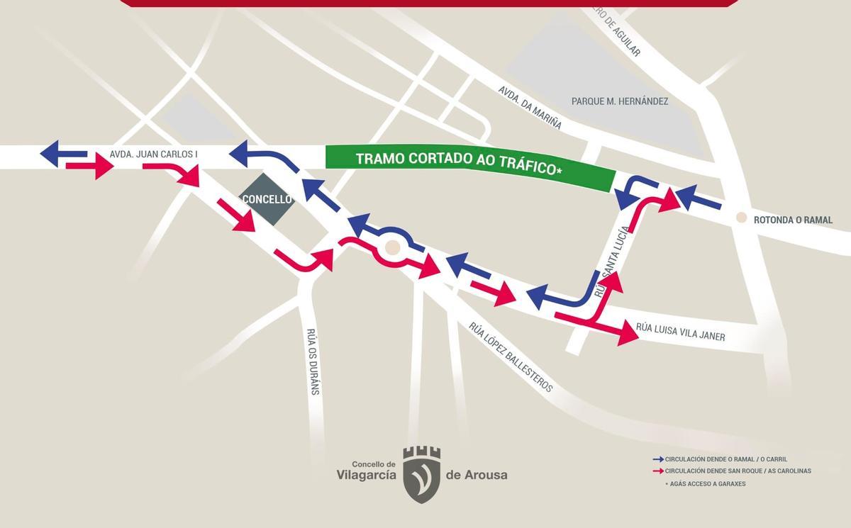 Infografía con los desvíos por el corte de tráfico en Juan Carlos I.