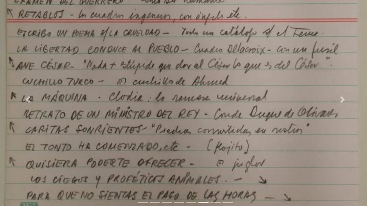 Anotaciones de Benedetti sobre 'Examen del guerrero', de José Pérez Olivares.