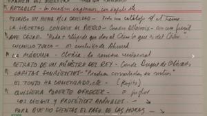 Anotaciones de Benedetti sobre Examen del guerrero, de José Pérez Olivares.