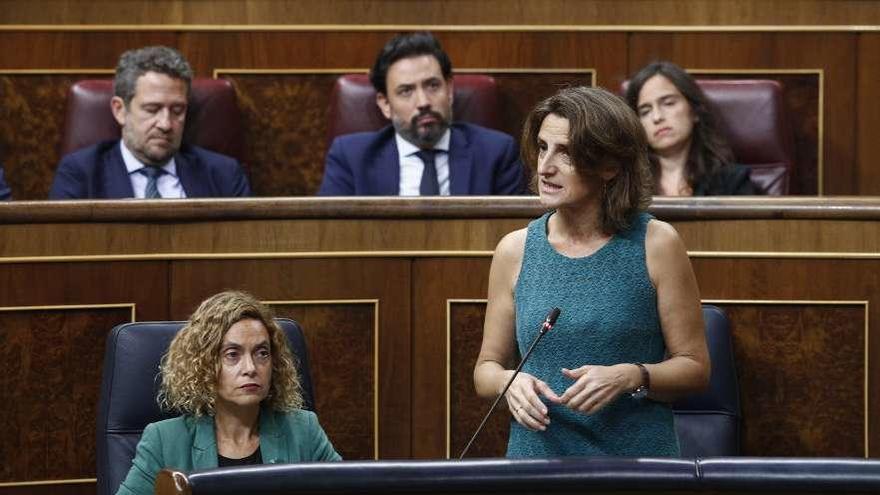 La ministra para la Transición Ecológica, Teresa Ribera, de pie en una comparecencia en el Congreso.