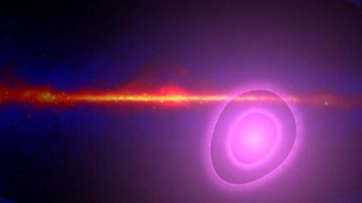 Recreación artística que muestra el cielo en rayos gamma, con círculos magenta que ilustran la incertidumbre sobre la dirección en la que están llegando nuevos rayos gamma de alta energía.