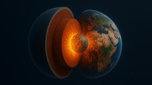 Representación gráfica de la estructura de las capas de la Tierra con el núcleo metálico caliente en el centro, seguido por el núcleo externo sólido, el manto rocoso y la corteza delgada en la superficie.