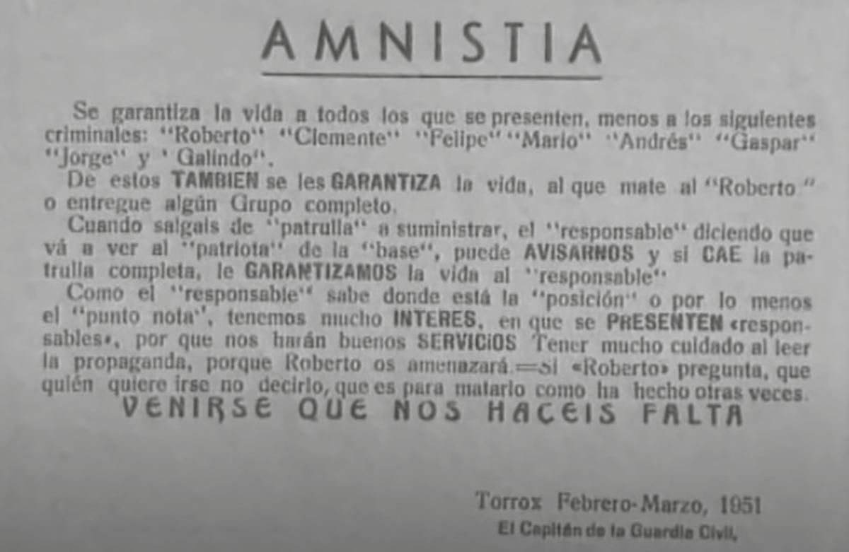 Octavilla de la Guardia Civil garantizando la vida a quien entregase a compañeros del maquis.