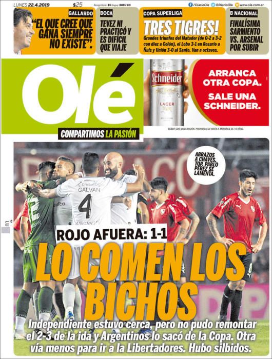 Portada OLÉ lunes 22 de abril de 2019.