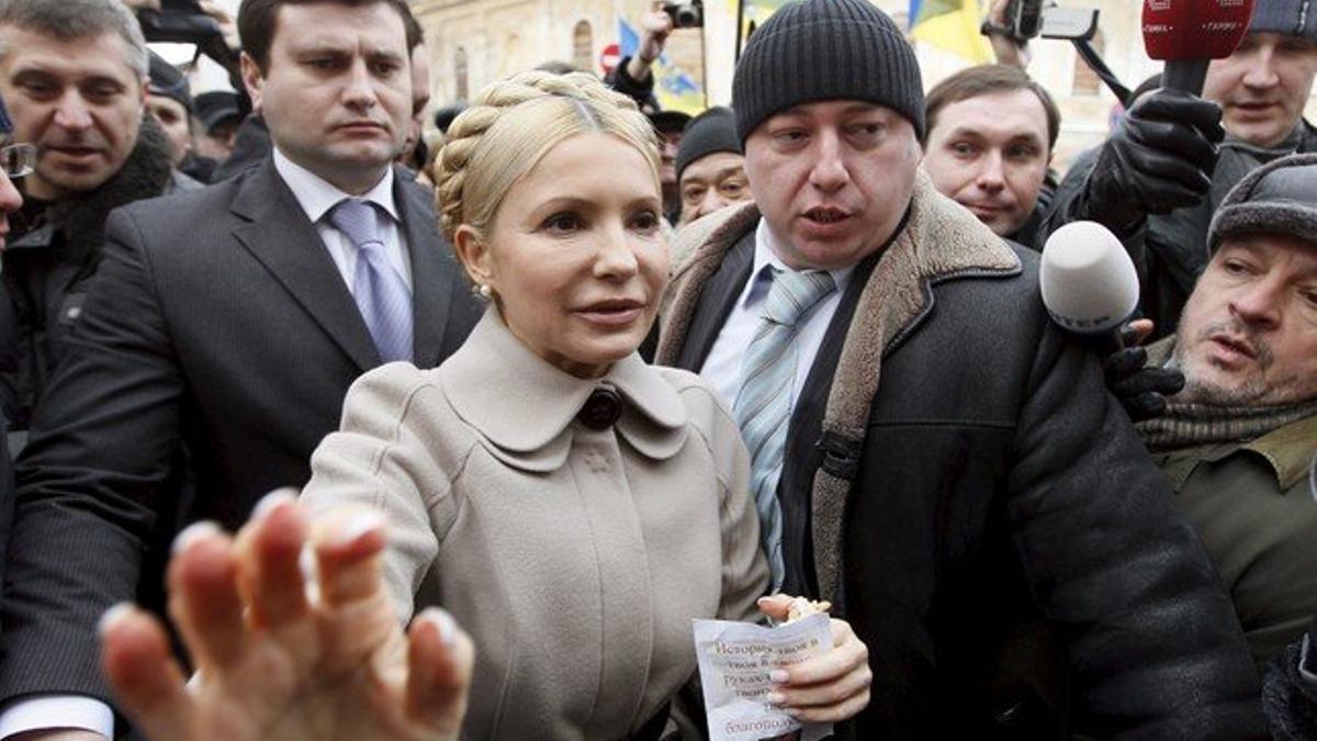 Yulia Timoshenko es aclamada por sus seguidores el pasado lunes en Kiev.