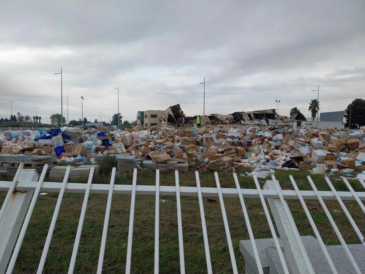 Una persona rebusca por la montaña de palets en la campa municipal con la valla rota.