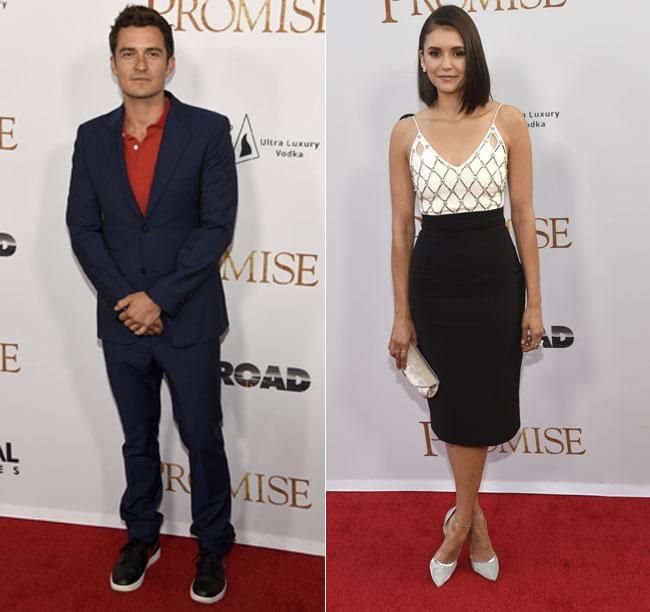 Orlando Bloom y Nina Dobrev en el estreno de The Promise