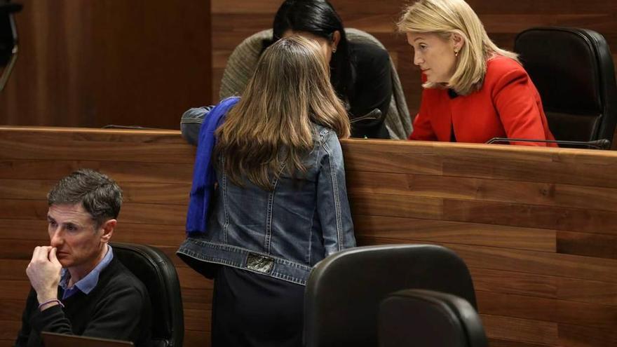 Las diputadas de Foro Cristina Coto, derecha, y Carmen Fernández hablan con la parlamentaria de Podemos Lorena Gil, de espaldas, ante el diputado de la formación morada Enrique López.