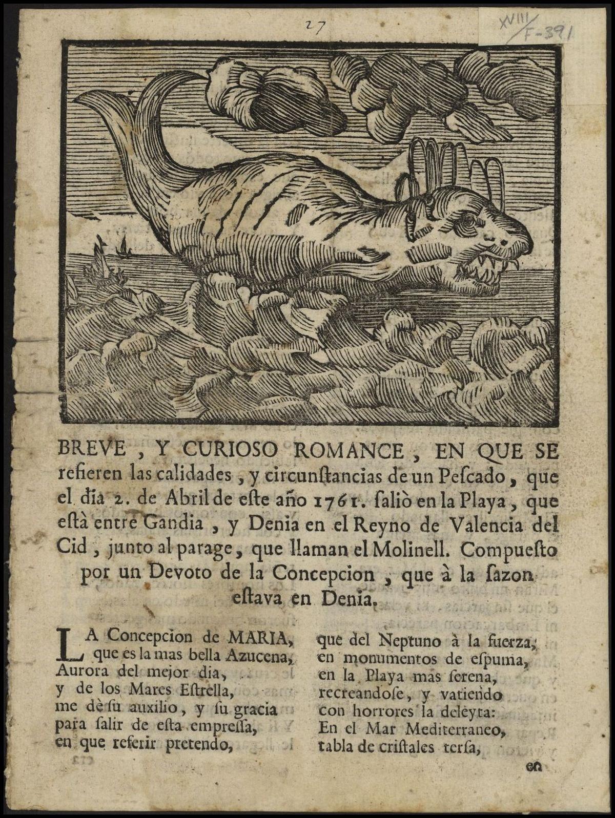 Romance original sobre el Peixot de Molinell, el monstruo marino hallado en Dénia