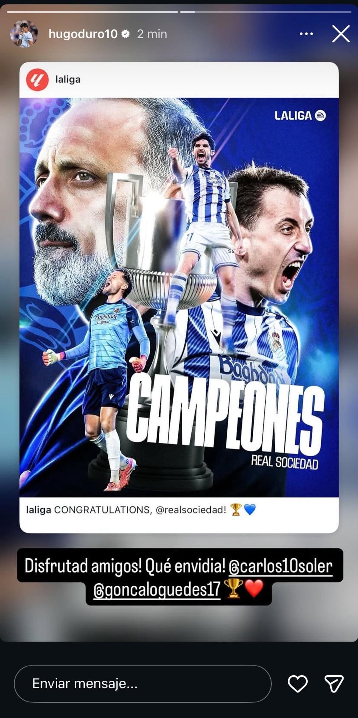 La felicitación de Hugo Duro a sus excompañeros Guedes y Soler